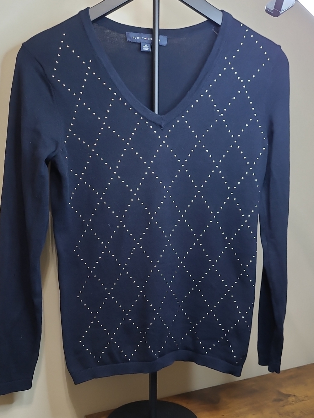 Tommy Hilfiger Navy Blue V-Neck Cotton Sweater with Studded Diamond Design - XS